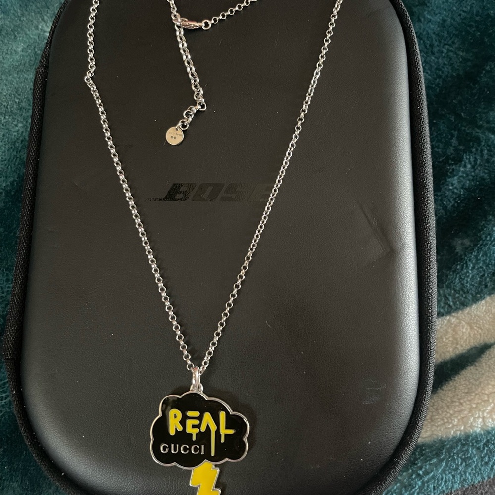 Gucci Silver Necklace with Black and Yellow Lightning Pendant
